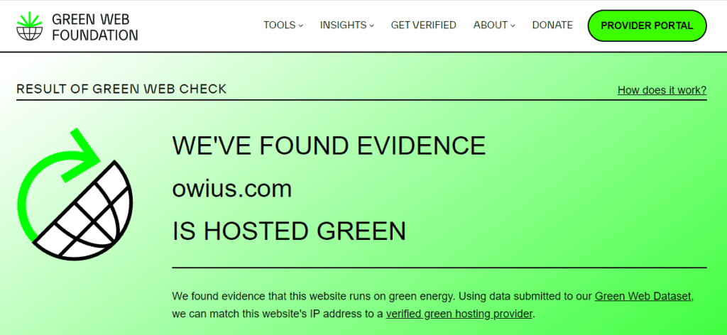 Check de Green Web Foundation en desarrollo web sostenible para la web de Owius y su hosting